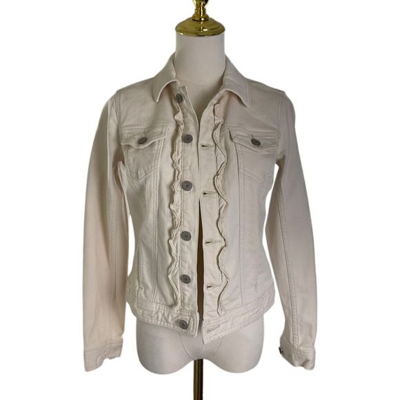 Talbots Off White Denim Jacket Ruffle Button Front Stretch Women’s Size Small - Picture 10 of 10
